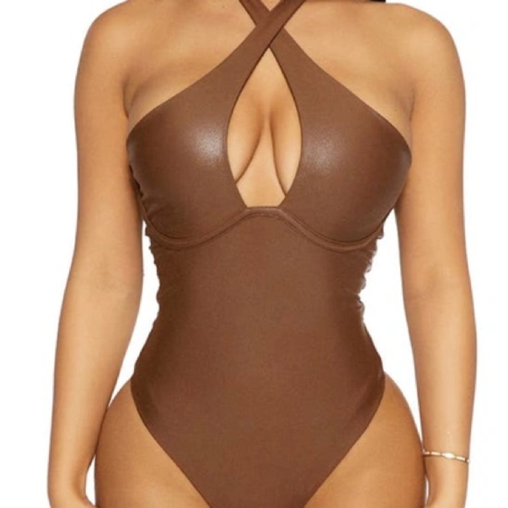 Naked Wardrobe Brown Faux Leather  Bodysuit